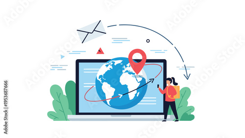Delivery person holding package standing next to laptop displaying global shipping route and envelope icon for international logistics.