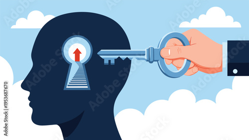 Hand holding blue key and inserting it into a keyhole shaped like head with stairs inside depicting unlocking potential and knowledge.