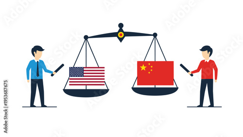 Two men with batons guarding a balance scale with USA and China flags to represent international trade and political tension.