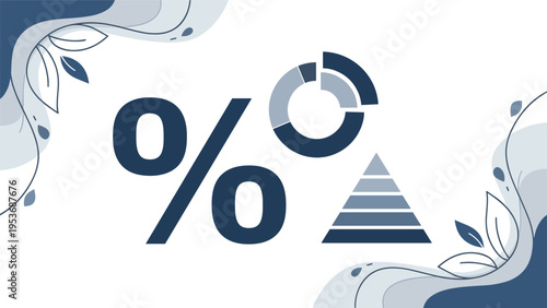 Abstract business data illustration featuring large percentage sign with pie and pyramid charts for financial reporting and analysis.