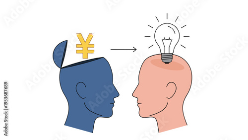 Illustration showing yen currency symbol transferring from one head to another becoming a lightbulb representing investment in ideas.