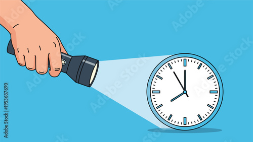 Hand with flashlight shining beam on analog clock against blue background representing search for time and deadline management.