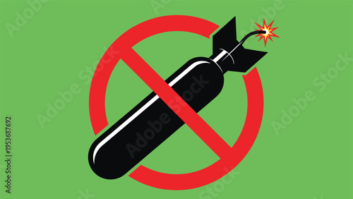 Black bomb with lit fuse behind a red prohibition symbol on green background representing anti-war and peace message.