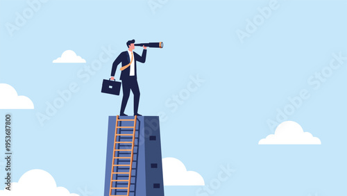 Visionary businessman standing on top of tall stone tower using telescope to scan horizon for new business opportunities.