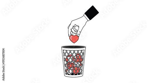 Black and white drawing of hand dropping a red heart into a trash can filled with hearts symbolizing lost love and rejection.