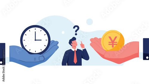 Confused businessman standing between two large hands holding a clock and a yen currency coin to weigh the value of time versus money.