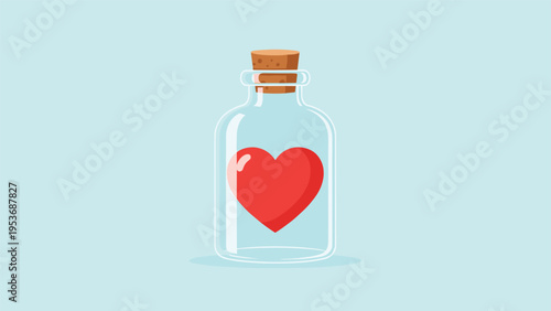 Symbol of love and health represented by a bright red heart preserved inside a clear glass apothecary bottle with a cork stopper.