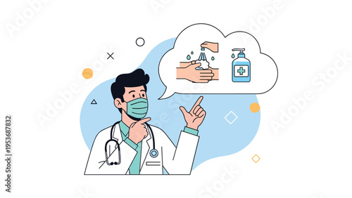 Male medical professional wearing a surgical mask and pointing at important hygiene instructions for hand washing and sanitizing.