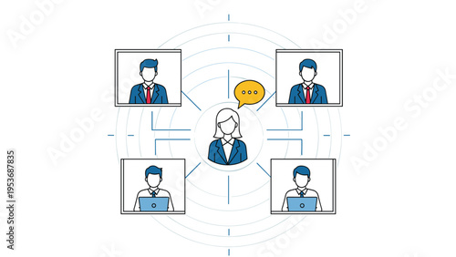 Successful business woman leading a team of remote workers through a global digital network represented by connected computer screens.