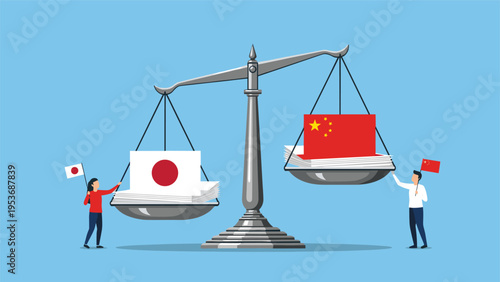 International trade relations between Japan and China represented by national flags and stacks of documents on a balance scale.