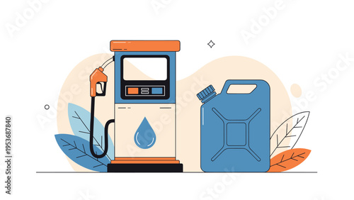 Modern gas station pump with a fuel nozzle and a blue plastic jerry can used for storage and transport of gasoline or diesel oil.
