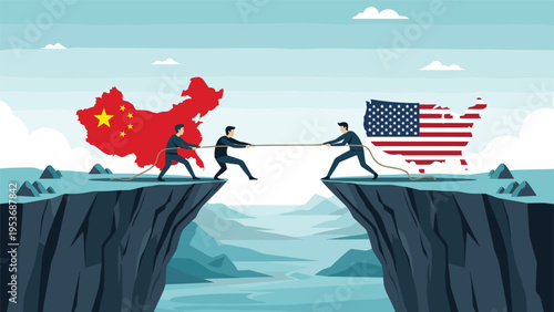 Global economic competition represented by two men in a tug of war across a canyon between the maps of China and the United States.