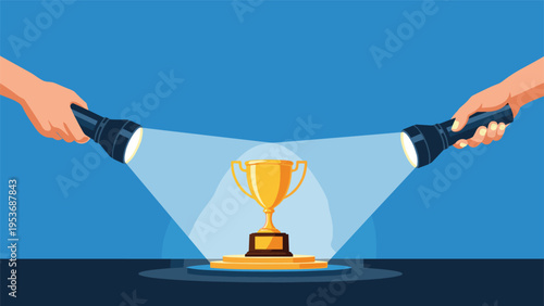 Winning first place trophy cup being illuminated by two bright flashlights on a podium to celebrate success and achievement in sports.