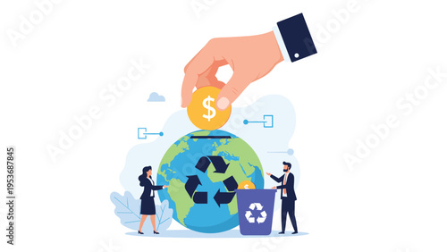 Large hand depositing a dollar coin into a globe slot as people recycle items to promote global environmental sustainability.