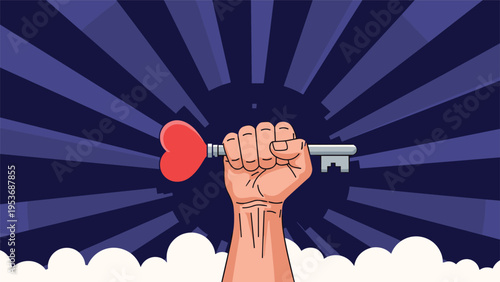 Strong human fist holding a silver key with a bright red heart-shaped bow representing the key to someone's heart and true love.