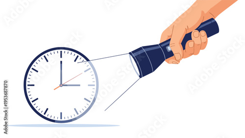 Hand holding a flashlight to illuminate a round clock face symbolizing the importance of time management and meeting deadlines.
