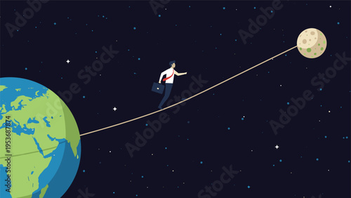 Ambitious businessman walking across a tightrope from the planet Earth to the Moon through the starry black space of the universe.