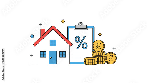 Housing market finance concept showing a residential house next to a clipboard with a percentage sign and British pound coins.