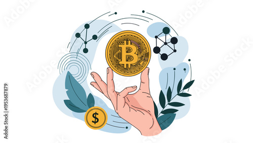 Digital finance concept featuring a human hand holding a large gold Bitcoin coin surrounded by tech icons and abstract leaves.