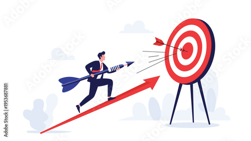 Motivated businessman running up a giant red arrow while carrying a large blue arrow towards a target for business success.