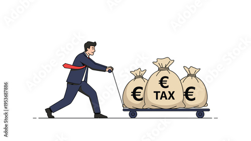 Exhausted businessman in a suit pushing a heavy cart loaded with large bags of Euro currency marked as tax payments.