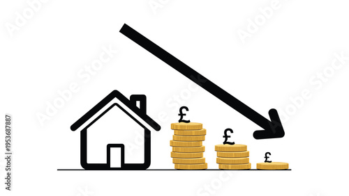 Real estate market decline represented by a house icon and stacks of British pound coins decreasing under a down arrow.