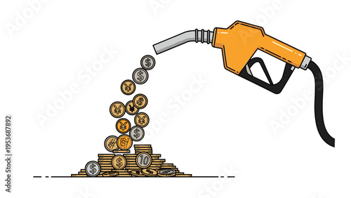 Illustration of an orange gas pump nozzle pouring out various currency coins representing the high cost of fuel and energy.