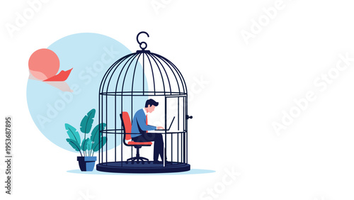 Professional businessman working on a laptop while trapped inside a large metal birdcage representing lack of workplace freedom.