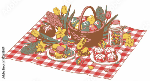 A colorful picnic setup with food.