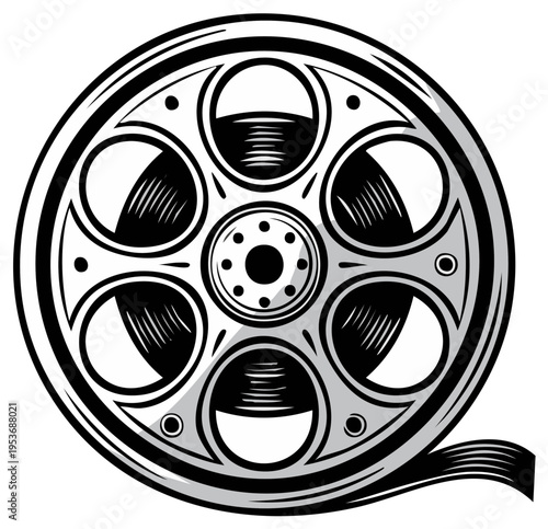 Retro Film Reel Vector Illustration of Movie Media in Black and White for Cinema