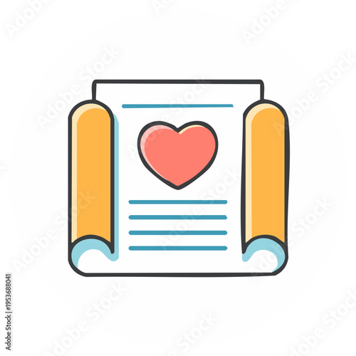 Love Letter Icon with Heart Symbol and Rolled Edges