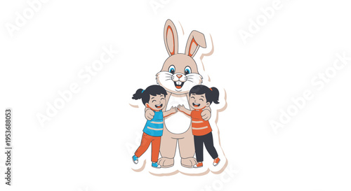 Children hugging a cartoon Easter bunny.