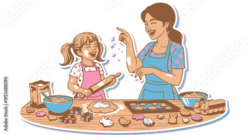 Woman and girl baking sweet treats.