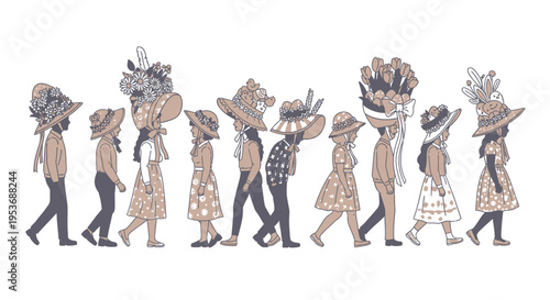 Illustration of people carrying decorative items.
