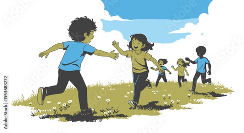 Children playing and running in a field.