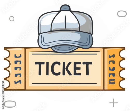 Light blue baseball cap resting on a vintage style event entry ticket graphic design