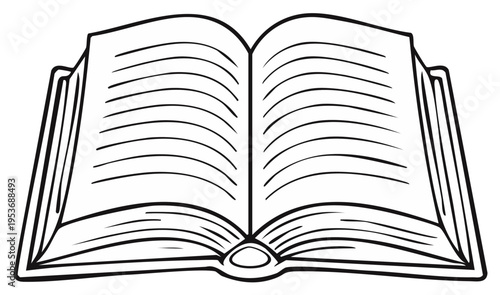 Black and white outline drawing of an open book with blank pages for education and knowledge