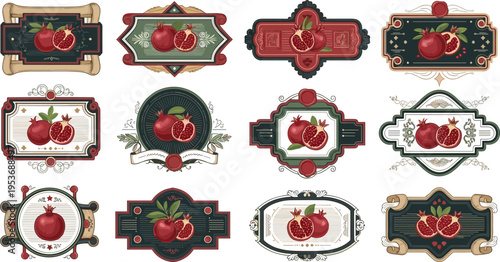 Vintage Pomegranate Label Set with Ornamental Frames and Retro Typography Space, Decorative Fruit Badges for Packaging, Branding, Stickers and Food Product Design