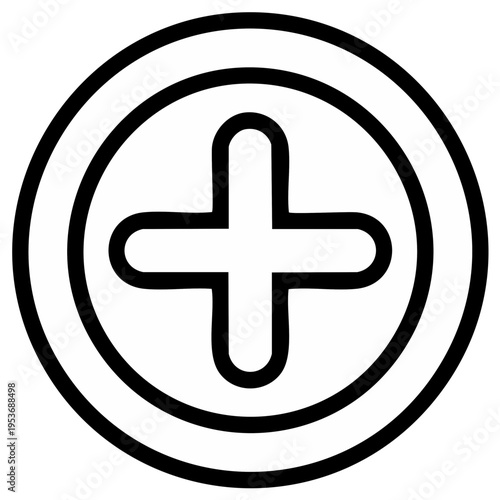 Simple cross icon inside a circular border, clean line art symbol for addition or health