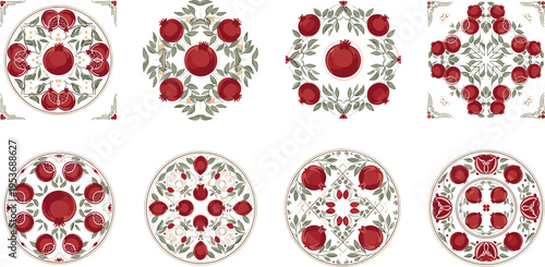 Ornamental Pomegranate Mandala Set with Floral Patterns, Decorative Circular Fruit Compositions in Vintage Folk Style for Textile, Packaging and Background Design