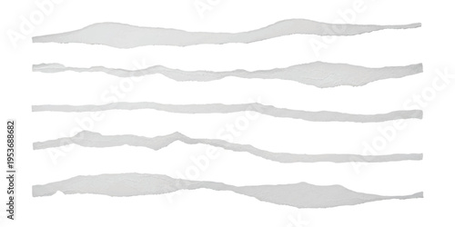 Set of torn white paper strips with ripped edges and realistic rough texture isolated vector illustration.