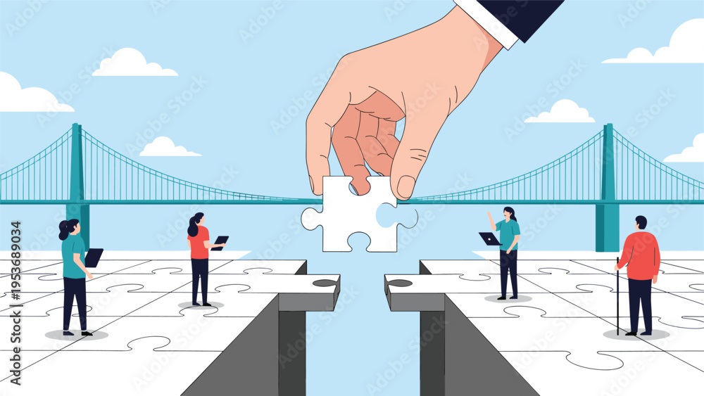 Obraz premium Giant hand placing a puzzle piece to complete a bridge across a chasm symbolizing collaborative problem solving and unity.