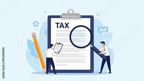 Group of tiny business professionals inspect a giant tax document on a clipboard using a large magnifying glass to find financial details.