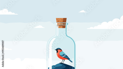 Colorful bird trapped inside a corked glass bottle against a sky background representing environmental confinement and nature.