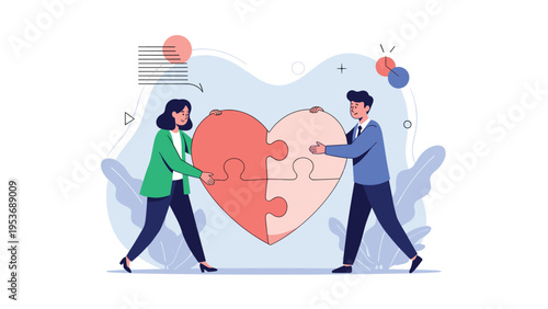 Professional couple working together to assemble two halves of a large heart-shaped puzzle symbolizing relationship bonds.