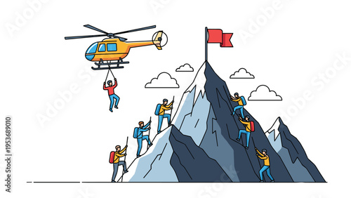 Success concept showing mountain climbers being surpassed by a man lifted to the peak by a rescue helicopter.