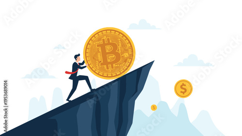Determined businessman struggling to push a large Bitcoin coin up a steep mountain cliff representing cryptocurrency risks.
