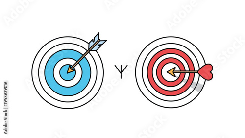 Focused targeting strategy showing two different arrows hitting the center of targets representing diverse market approaches.