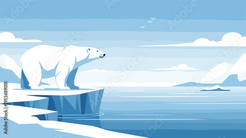 Solitary polar bear standing on a shrinking iceberg in a blue Arctic landscape symbolizing climate change and global warming.