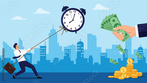 Time management struggle showing a businessman pulling a rope on a clock against a hand holding stacks of money.